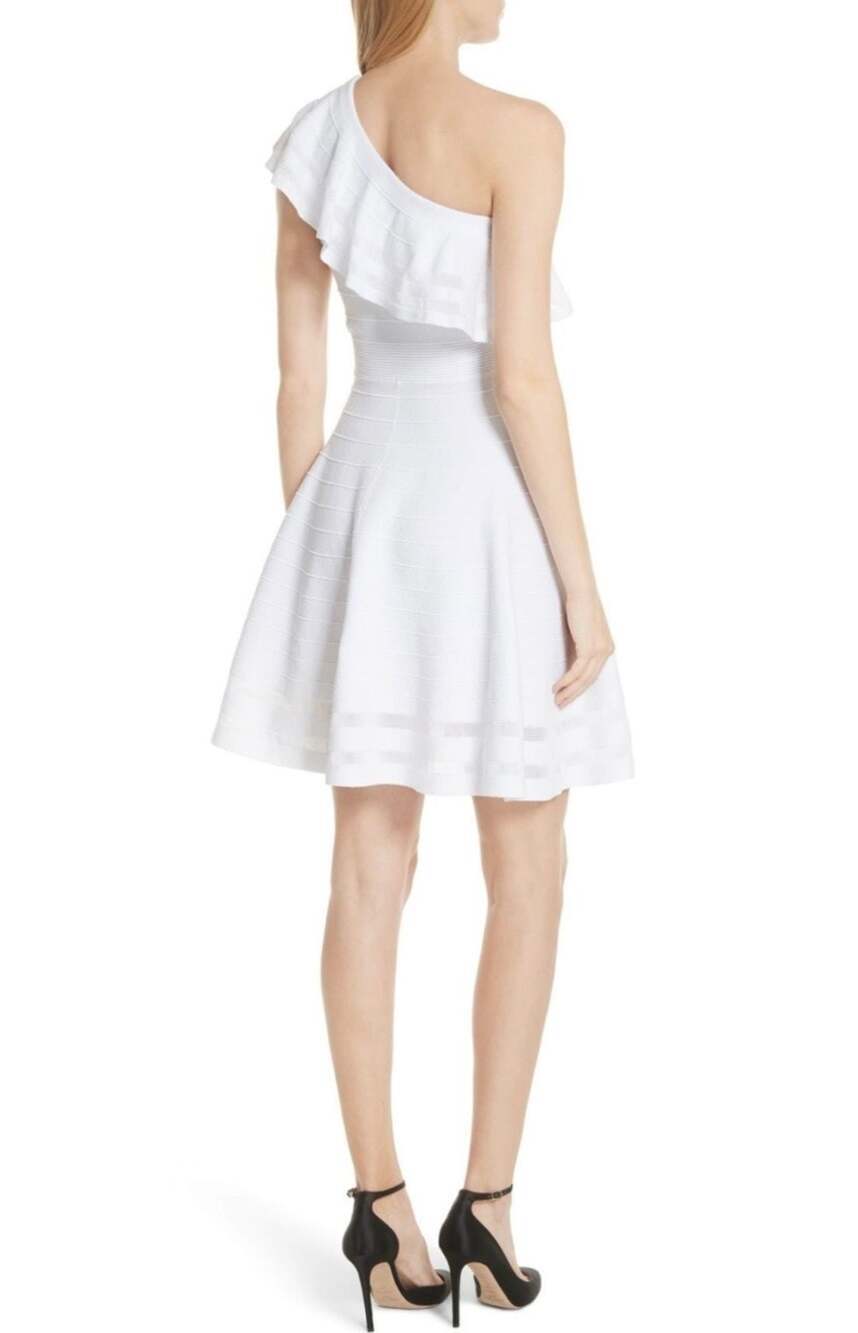 Ted Baker London Streena Knit Skater Dress Size 3 (US 8) White One Shoulder Ruff - Picture 2 of 7